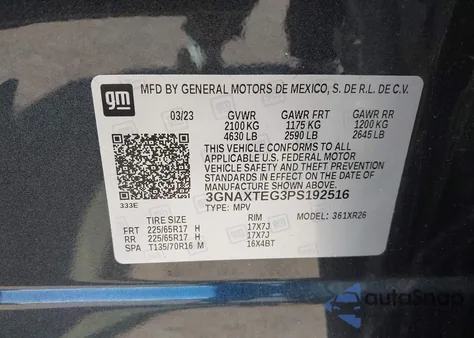 2023 Chevrolet Equinox Awd 2Fl z USA, uszkodzony, nr VIN 3GNAXTEG3PS192516